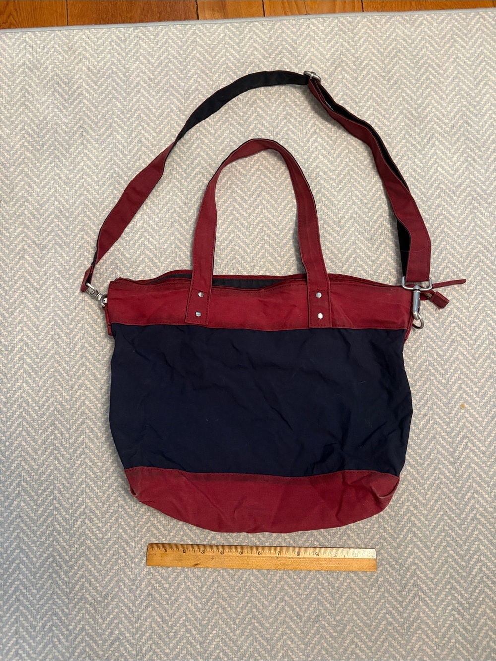 L.L. Bean Navy and Burgundy Waxed Canvas Tote with Crossbody Strap